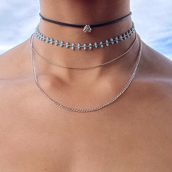 Mia Collection Choker & Necklace Set, Bee Charm & Blue Accents Silver Chain - Picture 1 of 1